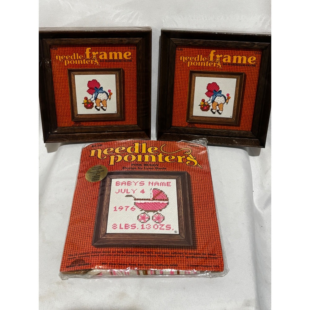 Vintage Sunset Needpoint Needle pointers Kit Pink Buggy birth weight + 2 Frames